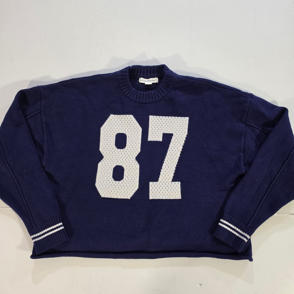Aeropostale Navy Blue Varsity 87 Knit Sweater Cropped Crewneck XS